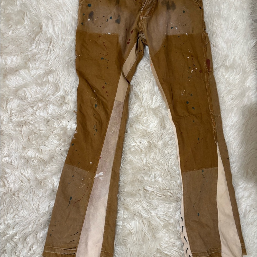 Brown Patchwork Pants With Paint Splatter - image 1